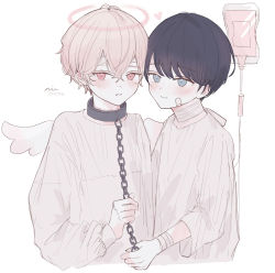 Rule 34 | 2boys, absurdres, angel, angel wings, bandages, bandaid, bandaid on cheek, bandaid on face, black hair, blonde hair, blue eyes, blush, chain, collar, halo, highres, intravenous drip, looking at viewer, male focus, multiple boys, niufog, original, pink eyes, restrained, short hair, white background, wings
