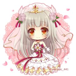 Rule 34 | 1girl, bare shoulders, blush, bouquet, bow, bridal veil, brown eyes, chibi, closed mouth, collarbone, commentary request, dress, flower, full body, gloves, grey hair, hair flower, hair ornament, holding, holding bouquet, long hair, loussier ellerensia, outstretched arm, petals, pink flower, pink rose, purple bow, purple ribbon, ribbon, rose, shironeko project, smile, solo, strapless, strapless dress, twitter username, veil, very long hair, wedding dress, white dress, white flower, white gloves, yukiyuki 441