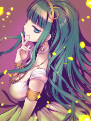 Rule 34 | 1girl, aqua eyes, aqua hair, armlet, belt, breasts, cleavage, cleopatra (fate), cleopatra (third ascension) (fate), closed mouth, collarbone, cowboy shot, dress, earrings, egyptian, egyptian clothes, eyebrows, eyelashes, eyeliner, facing away, fate/grand order, fate (series), finger to face, finger to mouth, fingernails, floating hair, flower, from above, hairband, half-closed eyes, hoop earrings, jewelry, light particles, lips, long hair, looking away, looking to the side, makeup, medium breasts, necklace, nose, p-kana, purple background, ringed eyes, simple background, smile, solo, standing, straight hair, very long hair, white belt, white dress, yellow hairband