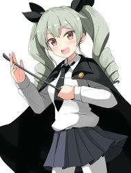 Rule 34 | 1girl, :d, aikawa ryou, anchovy (girls und panzer), black cape, black necktie, black ribbon, blush, breasts, brown eyes, cape, collared shirt, commentary request, drill hair, girls und panzer, green hair, grey skirt, hair between eyes, hair ribbon, highres, holding, long hair, long sleeves, looking at viewer, necktie, open mouth, pantyhose, pleated skirt, ribbon, riding crop, shirt, simple background, skirt, small breasts, smile, solo, teeth, twin drills, twintails, upper teeth only, white background, white pantyhose, white shirt