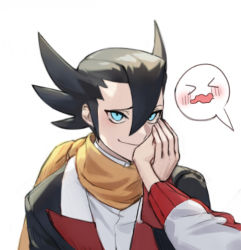 Rule 34 | &gt; &lt;, 1boy, 1girl, bad id, bad pixiv id, black hair, black jacket, blue eyes, blush, closed mouth, commentary request, creatures (company), elite four, game freak, grimsley (pokemon), hair between eyes, hand on another&#039;s cheek, hand on another&#039;s face, hetero, jacket, long sleeves, lowres, mongguri, nintendo, original, pokemon, pokemon bw, scarf, smile, spiked hair, upper body, wavy mouth, yellow scarf