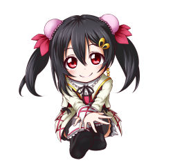 Rule 34 | 10s, 1girl, black hair, black ribbon, bun cover, chibi, earrings, hair between eyes, hair ornament, hairclip, highres, jewelry, kuena, looking at viewer, love live!, love live! school idol project, neck ribbon, red eyes, ribbon, short hair, simple background, sitting, smile, solo, sore wa bokutachi no kiseki, thighhighs, twintails, white background, yazawa nico