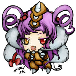 Rule 34 | &gt;:d, 1girl, :d, armor, atk402, blush, bow, brown eyes, chibi, claws, fang, full body, hair ornament, hair scrunchie, heterochromia, horn bow, horn ornament, horns, looking at viewer, lowres, mole, open mouth, purple hair, red bow, red eyes, scrunchie, signature, smile, solo, standing, starcraft, two side up, ultralisk, v-shaped eyebrows, zerg (starcraft)