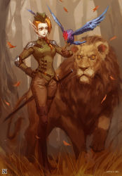 Rule 34 | 1girl, armor, belt, bird, boots, braid, elf, feathers, forest, hat, highres, leaf, lion, nature, pauldrons, pointy ears, rapier, shoulder armor, single braid, solo, sword, tail, thigh boots, thigh strap, thighhighs, weapon, xiaoguimist