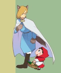 Rule 34 | 2boys, aboutama, animal ears, blonde hair, blue eyes, blush, bojji, bottle, child, domas, height difference, hood, hood up, kemonomimi mode, little red riding hood, male focus, multiple boys, ousama ranking, parody, shoes, short hair, smile, tail, thick eyebrows, walking, wolf boy, wolf ears, wolf tail