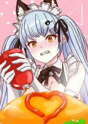 Rule 34 | animal ears, blue hair, blush, breasts, cat ears, clenched teeth, elbow gloves, embarrassed, fake animal ears, food, gloves, goddess of victory: nikke, holding, ketchup, ketchup bottle, large breasts, light blue hair, long hair, maid, maid headdress, misojineki, neck bell, official alternate costume, omelet, omurice, paw hair ornament, privaty (nikke), privaty (unkind maid) (nikke), teeth, twintails, very long hair, white gloves, yellow eyes