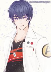 Rule 34 | 1boy, artist name, black shirt, dog tags, earrings, grin, highres, jacket, jewelry, long sleeves, looking at viewer, marius von hagen (tears of themis), necklace, open clothes, open jacket, petals, purple eyes, purple hair, rierru, shirt, short hair, signature, smile, solo, tears of themis, teeth, white background, white jacket