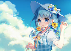 Rule 34 | 1girl, :d, blue eyes, blue hair, blue nails, blue sky, cloud, commentary request, day, dress, flower, hair flower, hair ornament, hat, long hair, looking at viewer, nail polish, open mouth, original, outdoors, plaid, sailor collar, see-through, see-through sleeves, short sleeves, sky, smile, solo, suimya, sun hat, sunflower, upper body, white hat, white sailor collar, yellow flower