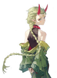 Rule 34 | 1girl, arms behind back, bare shoulders, bead necklace, beads, black leotard, borrowed character, braid, commentary, dino (dinoartforame), earrings, ebi (sui (suizilla)), english commentary, expressionless, forehead jewel, from behind, green eyes, green kimono, highres, horns, japanese clothes, jewelry, kimono, leotard, long braid, long hair, looking at viewer, looking back, necklace, off shoulder, oni horns, original, own hands together, pointy ears, red horns, simple background, single braid, sleeveless turtleneck leotard, solo, standing, upper body, very long hair, white background, wide sleeves
