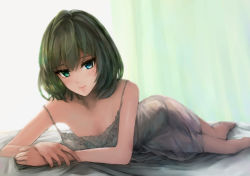 Rule 34 | 1girl, bare arms, bed sheet, blue eyes, blush, collarbone, curtains, floral print, green eyes, green hair, heterochromia, highres, idolmaster, idolmaster cinderella girls, kusaba eru (happy crystal), looking at viewer, loose clothes, lying, mole, mole under eye, nightgown, on bed, on stomach, short hair, sleeveless, smile, solo, sunlight, takagaki kaede