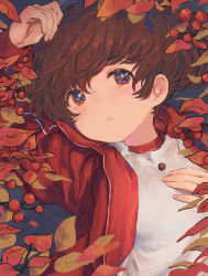 Rule 34 | 1girl, absurdres, alisa (girls und panzer), arm up, autumn leaves, brown eyes, brown hair, commentary, freckles, from above, girls und panzer, gym shirt, gym uniform, hand on own chest, highres, jacket, long sleeves, looking at viewer, lying, on back, open clothes, open jacket, oshiri seijin, parted lips, shirt, short twintails, solo, track jacket, twintails, white shirt