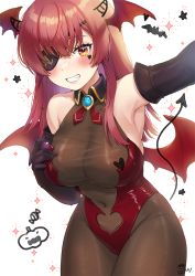 Rule 34 | 1girl, alternate costume, armpits, bare shoulders, black gloves, blush, bodysuit, breasts, brooch, cleavage, covered navel, demon wings, drawn horns, drawn tail, elbow gloves, eyepatch, facial mark, gloves, head wings, heart, heart facial mark, highres, hololive, houshou marine, jewelry, large breasts, long hair, looking at viewer, noixen, one eye covered, orange eyes, parted lips, red hair, see-through, see-through cleavage, simple background, smile, solo, teeth, virtual youtuber, white background, wings
