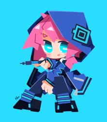 Rule 34 | 1girl, absurdres, arknights, blue background, blue eyes, blue jacket, blue pants, blue poison (arknights), blush, chibi, commentary, highres, holding, holding syringe, hood, hood up, hooded jacket, jacket, looking at viewer, medium hair, nuu (nu-nyu), open mouth, pants, pink hair, simple background, solo, syringe, thick eyebrows, twintails