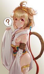 Rule 34 | 10s, 1girl, ?, ahoge, andira (granblue fantasy), animal ears, ass, bare shoulders, barefoot, blonde hair, breasts, collarbone, covered erect nipples, cowboy shot, detached sleeves, erune, from side, granblue fantasy, hairband, highres, lips, looking at viewer, monkey ears, monkey tail, nipple slip, nipples, nochan, red eyes, shiny skin, short hair, short twintails, sideboob, simple background, small breasts, solo, spoken question mark, standing, tail, thighhighs, thighs, twintails, two side up, wide sleeves