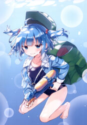 Rule 34 | 1girl, absurdres, bag, barefoot, baseball cap, blue eyes, blue hair, blue shirt, blush, breasts, closed mouth, collarbone, collared shirt, frilled shirt collar, frills, green bag, green hat, hair bobbles, hair ornament, half-closed eyes, hat, highres, holding, holding water gun, kawashiro nitori, long sleeves, looking at viewer, open clothes, open shirt, pocket, shirt, shnva, short hair, short twintails, sidelocks, small breasts, smile, solo, swimming, swimsuit, touhou, twintails, underwater, v-shaped eyebrows, water gun