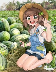 Rule 34 | 1girl, animal, bee, bike shorts, blue nails, bracelet, brown hair, brown hat, bug, collared shirt, field, fingernails, fingerprint, food, freckles, frog, fruit, girutea, green bracelet, green eyes, green footwear, green nails, hair ornament, hairclip, hat, heart, highres, indie virtual youtuber, insect, jewelry, kneeling, lily hopkins, long hair, looking at viewer, multicolored nails, nail art, nail polish, no socks, open mouth, outdoors, overalls, photo background, photoshop (medium), red nails, shiny skin, shirt, smile, solo, strap slip, sweat, teeth, tongue, tree, upper teeth only, virtual youtuber, watermelon, wet, wet clothes, white shirt