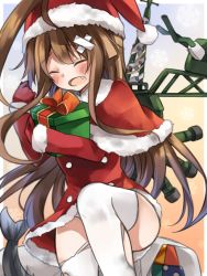 Rule 34 | 10s, 1girl, ahoge, alternate costume, bandaid, blush, box, brown hair, buttons, capelet, closed eyes, commentary request, dress, fang, gift, gift box, gloves, hair between eyes, hat, huge ahoge, kantai collection, kuma (kancolle), kyusai kuma, leg lift, long hair, machinery, open mouth, red dress, red gloves, santa costume, santa hat, sitting, solo, thighhighs, thighs, tongue, white thighhighs