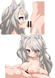 Rule 34 | 1boy, 1girl, animal ears, azur lane, blonde hair, blush, braid, breasts, breasts squeezed together, censored, commentary request, concentrating, curly hair, expressionless, fellatio, from side, grabbing own breast, hair over one eye, hetero, highres, kei fukamiki, large breasts, long hair, nipples, nude, oral, paizuri, penis, pink eyes, red eyes, single braid, slit pupils, solo focus, topless, very long hair, wolf ears, wolf girl, yuudachi (azur lane)