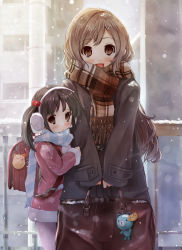 Rule 34 | 2girls, age difference, backpack, bad id, bad pixiv id, bag, black hair, blush, brown eyes, brown hair, child, coat, cold, earmuffs, hair bobbles, hair ornament, long hair, looking at viewer, multiple girls, open mouth, original, pantyhose, plaid, plaid scarf, railing, randoseru, scarf, scarlet (studioscr), shy, siblings, side ponytail, sisters, smile, snow, snowflakes, snowing, standing, twintails, white legwear, winter