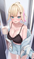 Rule 34 | 0707 una, 1girl, absurdres, alternate breast size, bare shoulders, black camisole, blue hoodie, blue shorts, blush, breasts, camisole, cleavage, colored inner hair, cowboy shot, cup, doorway, earrings, food, green eyes, hair ornament, hairclip, highres, holding, holding cup, hood, hoodie, hot chocolate, jewelry, kurumi noah, lace-trimmed camisole, lace trim, large breasts, long sleeves, looking at viewer, marshmallow, midriff, mug, multicolored hair, necklace, nose blush, off shoulder, open clothes, open hoodie, open mouth, opening door, pink hair, ponytail, pov doorway, short hair, shorts, sleeves past wrists, solo, striped clothes, striped hoodie, virtual youtuber, vspo!