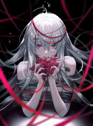 Rule 34 | 1girl, absurdres, ahoge, arknights, bandages, bare shoulders, black background, breasts, chinese commentary, commentary, cross hair ornament, fang, flower, grey hair, hair ornament, hands up, highres, holding, holding flower, long hair, pink eyes, red flower, red lips, red ribbon, ribbon, small breasts, specter (arknights), teeth, zhuang yao