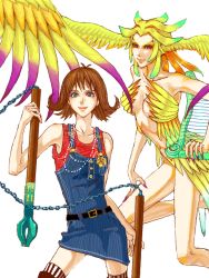 Rule 34 | 1990s (style), 2girls, anti-gravity hair, breasts, brown hair, cleavage, collarbone, curled hair, feathers, final fantasy, final fantasy viii, green eyes, harp, head wings, instrument, long hair, miniskirt, multiple girls, nunchucks, overalls, psychic, retro artstyle, selphie tilmitt, simple background, siren (final fantasy), skirt, white background, wings