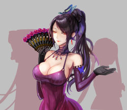 Rule 34 | 1girl, bare shoulders, breasts, butterfly hair ornament, cleavage, different shadow, dress, earrings, elbow gloves, folding fan, gloves, hair ornament, hand fan, jewelry, kuroi nyan, large breasts, lipstick, long hair, makeup, michele malebranche, ponytail, purple dress, red eyes, simple background, smile, sound horizon