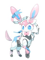 Rule 34 | alternate form, animal focus, blue eyes, bow, bowtie, creatures (company), full body, game freak, gen 6 pokemon, hair bow, joints, looking to the side, nintendo, no humans, no mouth, non-humanoid robot, pink bow, pink bowtie, pixel eyes, pokemon, pokemon (creature), ribbon, robot, robot animal, robot joints, simple background, solo, standing, sylveon, white background, white ribbon, yuui art