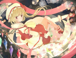 Rule 34 | 1girl, arm ribbon, ascot, blonde hair, closed mouth, collared shirt, crystal, flandre scarlet, flower, frilled shirt collar, frilled skirt, frills, from side, full body, hat, long hair, looking at viewer, looking to the side, mary janes, mob cap, multicolored wings, one side up, pink flower, pink nails, red eyes, red footwear, red nails, red ribbon, red skirt, red vest, ribbon, shirotsuna, shirt, shoe soles, shoes, skirt, skirt set, socks, solo, touhou, vest, white flower, white hat, white shirt, white socks, wings, wrist cuffs, yellow ascot