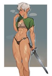 Rule 34 | 1girl, abs, absurdres, blush, border, bra, brown eyes, elf, facial scar, glint, gradient background, grey bra, grey hair, highres, holding, holding sword, holding weapon, mon eree, muscular, muscular female, navel, o-ring, original, pointy ears, scar, scar on arm, scar on cheek, scar on face, scar on leg, scar on stomach, short hair, simple background, solo, steam, steaming body, sweat, sword, tan, underwear, warrior, weapon, white border, wiping sweat