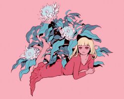 Rule 34 | 03moonmoonmoon, 1girl, absurdres, bare legs, barefoot, dress, expressionless, flower, highres, leaf, long sleeves, lying, on stomach, original, pink background, plant, red dress, red eyes, simple background, solo, white flower, wide shot