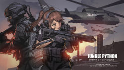 Rule 34 | 1boy, 1girl, absurdres, aircraft, black gloves, black jacket, black pants, black soldier, brown eyes, brown hair, building, cloud, commentary request, day, ear protection, english text, fingerless gloves, gloves, gun, headset, helicopter, helmet, highres, holding, holding gun, holding weapon, jacket, long hair, looking away, military, military uniform, military vehicle, nose, original, outdoors, pants, parted lips, profile, scope, short sleeves, sidelocks, sky, teeth, trigger discipline, twintails, uniform, upper teeth only, vehicle request, visor, watch, weapon, weapon request, wristwatch