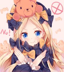 Rule 34 | 1girl, :t, abigail williams (fate), black bow, black dress, black hat, blonde hair, blue eyes, blush, bow, candy wrapper, closed mouth, commentary request, dress, fate/grand order, fate (series), forehead, hair bow, hands up, hat, long hair, long sleeves, nahaki, no, on head, orange bow, parted bangs, polka dot, polka dot bow, pout, sleeves past wrists, solo, stuffed animal, stuffed toy, teddy bear, v-shaped eyebrows, very long hair, x arms