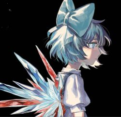 Rule 34 | 1girl, :|, black background, blood, blood on clothes, blue bow, blue eyes, blue hair, blue ribbon, blue vest, bow, cirno, closed mouth, crystal, eyebrows hidden by hair, from side, hair bow, hair ribbon, highres, ice, looking afar, ribbon, shirt, short hair, short sleeves, simple background, sleeve cuffs, solo, tabun (osoracu), touhou, upper body, vest, white shirt