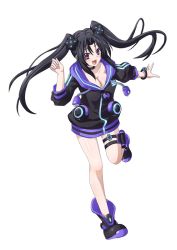 Rule 34 | 1girl, :d, adult neptune, adult neptune (cosplay), black hair, bracelet, breasts, cleavage, cosplay, d-pad, female focus, hair ornament, high school dxd, hood, hoodie, jewelry, neptune (series), official art, open mouth, pink eyes, serafall leviathan, shin jigen game neptune vii, shoes, smile, solo, twintails