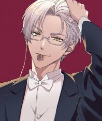 Rule 34 | 1boy, arm up, black jacket, bow, bowtie, closed mouth, collared shirt, formal, glasses, highres, jacket, long sleeves, looking at viewer, male focus, mole, mole under eye, nemuiiii3 3, purple background, shirt, short hair, simple background, smile, solo, tears of themis, upper body, vyn richter (tears of themis), white bow, white bowtie, white hair, white shirt, yellow eyes
