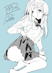 Rule 34 | 1girl, absurdres, arm support, bare legs, barefoot, blue background, blush, bow, bowtie, closed mouth, clothes lift, collared shirt, fingernails, from side, geshumaro, highres, long hair, looking at viewer, looking to the side, original, pleated skirt, school uniform, shirt, signature, simple background, sitting, skirt, skirt lift, solo, wing collar, yokozuwari