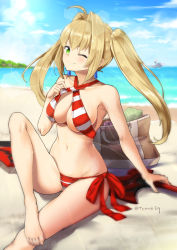 Rule 34 | 1girl, ;), aestus estus, ahoge, artoria pendragon (alter swimsuit rider) (fate), artoria pendragon (fate), bag, bare arms, bare legs, bare shoulders, barefoot, beach, bikini, blonde hair, blue sky, blurry, blurry background, blush, breasts, cleavage, closed mouth, cloud, collarbone, commentary request, criss-cross halter, day, depth of field, fate/grand order, fate/stay night, fate (series), feet, fingernails, green eyes, hair intakes, halterneck, hand up, head tilt, horizon, large breasts, long hair, looking at viewer, navel, nero claudius (fate), nero claudius (fate) (all), nero claudius (swimsuit caster) (fate), ocean, one eye closed, outdoors, sand, side-tie bikini bottom, sidelocks, sitting, sky, smile, solo focus, striped bikini, striped clothes, swimsuit, toenails, twintails, twitter username, tyone, water