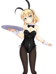 Rule 34 | 1girl, alternate costume, animal ears, bare shoulders, black bow, black bowtie, black pantyhose, blonde hair, bow, bowtie, breasts, cleavage, closed mouth, collarbone, commentary request, detached collar, fake animal ears, feet out of frame, green eyes, groin, hair between eyes, head tilt, highleg, holding, holding tray, isaki (gomi), leotard, lips, looking at viewer, medium breasts, medium hair, mizuhashi parsee, pantyhose, playboy bunny, pointy ears, rabbit ears, simple background, smile, solo, standing, touhou, tray, white background