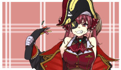 Rule 34 | 1girl, bare shoulders, breasts, cleavage, clenched teeth, eating, ehoumaki, eyepatch, food, gloves, hat, hololive, houshou marine, jacket, large breasts, makizushi, off shoulder, orange eyes, pirate hat, red hair, see-through, see-through cleavage, solo, sushi, teeth, tenbin gashira, twintails, upper body, virtual youtuber, white gloves