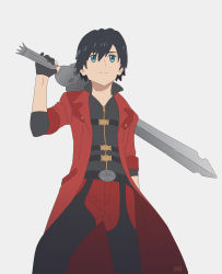 Rule 34 | 10s, absurdres, black hair, blue eyes, coat, commentary, cosplay, dante (devil may cry), dante (devil may cry) (cosplay), darling in the franxx, devil may cry (series), devil may cry 4, hand in pocket, highres, hiro (darling in the franxx), holding, holding sword, holding weapon, long coat, male focus, nurk, over shoulder, red coat, short hair, solo, sword, sword over shoulder, weapon, weapon over shoulder