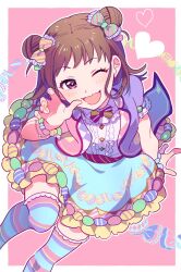 Rule 34 | 1girl, blush, brown hair, candy, dot nose, double bun, food, frilled shirt, frills, hair bun, hair ribbon, hand up, heart, highres, idolmaster, idolmaster cinderella girls, idolmaster cinderella girls starlight stage, jacket, multicolored bowtie, multicolored clothes, multicolored jacket, multicolored ribbon, multicolored skirt, multicolored thighhighs, multiple bracelets, munakata atsumi, one eye closed, open clothes, open jacket, open mouth, pink background, ribbon, shirt, short hair, short sleeves, skirt, smile, solo, standing, standing on one leg, striped ribbon, takumi (scya), white shirt