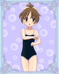 Rule 34 | 1girl, brown hair, chunpai, flat chest, hirasawa ui, k-on!, one-piece swimsuit, ponytail, school swimsuit, short hair, solo, swimsuit