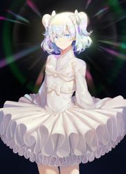 Rule 34 | androgynous, arms at sides, black background, blue eyes, blush, bow, closed mouth, colored eyelashes, cowboy shot, diamond (houseki no kuni), dress, eyelashes, frilled dress, frills, gender request, glowing, hair bow, highres, houseki no kuni, layered dress, long sleeves, looking at viewer, multicolored hair, rainbow hair, short hair, shuang ye, smile, solo, standing, thick eyebrows, two side up, white bow, white dress