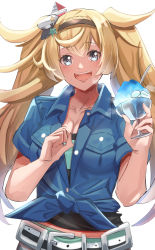 Rule 34 | 1girl, absurdres, blonde hair, blue eyes, blue shirt, breast pocket, breasts, collared shirt, daweykun, food, gambier bay (kancolle), hairband, highres, kantai collection, large breasts, long hair, official alternate costume, pocket, shaved ice, shirt, short sleeves, solo, tied shirt, twintails, upper body