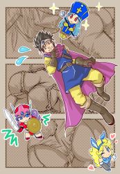 Rule 34 | 1boy, 3girls, animal ears, armor, ass, belt, bikini, bikini armor, black hair, blonde hair, blue eyes, blue hair, blush, boots, breasts, cape, chibi, circlet, cleavage, cross, dragon quest, dragon quest iii, fake animal ears, gloves, hat, hayato sgs, heart, helmet, highres, jester (dq3), large breasts, latex, leotard, long hair, mace, mitre, multiple girls, one eye closed, paneled background, panels, pantyhose, playboy bunny, priest (dq3), purple hair, rabbit ears, red armor, red eyes, roto (dq3), shield, short hair, shoulder pads, skin tight, smile, soldier (dq3), spiked hair, sweatdrop, swimsuit, sword, tabard, tunic, warrior, weapon, winged helmet, wrist cuffs, yellow gloves