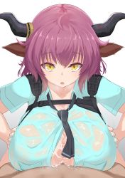 Rule 34 | 1boy, 1girl, absurdres, animal ears, arknights, black neckwear, blue shirt, breasts, cleavage, collarbone, cow ears, cum, cum on body, cum on breasts, cum on upper body, hetero, highres, horns, huge breasts, looking at viewer, necktie, noe (ppppriver), paizuri, paizuri under clothes, purple hair, see-through, shirt, short hair, short sleeves, sideroca (arknights), simple background, solo focus, wet, wet clothes, wet shirt, white background, yellow eyes