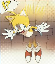 Rule 34 | !?, 1boy, animal ears, animal nose, banri 0917, blue eyes, brick wall, commentary request, fox boy, fox ears, fox tail, full body, furry, furry male, gloves, korean commentary, looking to the side, male focus, multiple tails, open mouth, red footwear, shoes, solo, sonic (series), sweat, tail, tails (sonic), through wall, turn pale, two tails, wall, white gloves