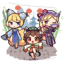Rule 34 | 3girls, :3, alternate eye color, animal ear fluff, animal ears, bamboo, bare legs, bare shoulders, bell, black shorts, blonde hair, blue dress, blue eyes, blush, bow, braid, breasts, brick road, cat ears, cat tail, chen, chibi, china dress, chinese clothes, cloud, dress, ear covers, elbow gloves, eyeshadow, fishnet gloves, fishnet legwear, fishnets, folding fan, fox ears, fox tail, garter straps, gloves, green headwear, hand fan, hat, holding, holding fan, ibaraki natou, jingle bell, lantern, leg up, legs, long hair, long sleeves, looking at viewer, makeup, mob cap, mountainous horizon, multiple girls, multiple tails, one eye closed, open mouth, pagoda, paper lantern, parted lips, pink bow, pink ribbon, purple eyes, purple headwear, red eyes, ribbon, short hair, short sleeves, shorts, side slit, sleeves past fingers, sleeves past wrists, smile, standing, standing on one leg, tail, thighhighs, touhou, twitter username, two-tone shirt, two tails, walking, wide sleeves, yakumo ran, yakumo yukari
