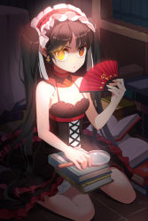 Rule 34 | 1girl, bare arms, bare shoulders, black hair, book, choker, detached collar, dress, hand fan, frilled dress, frills, gilse, gs 5th star, hairband, heterochromia, holding, lolita hairband, long hair, magnifying glass, maid headdress, open book, sitting, solo, sword girls, twintails, very long hair, wariza, yellow eyes